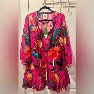 FARM Rio Pink Tropical Floral Dress Tie Waist Long Sleeve Size XL